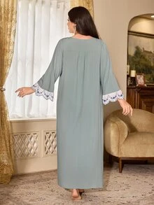 PalaceNights Vintage Elegant Loose Plus Size Long Sleeve Dress Nightgown - Green - View 2