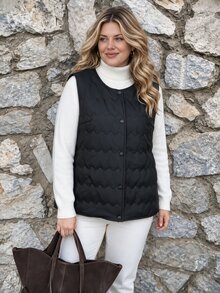Easura Plus Button Front Vest Onion Quilted Winter Coat - Black - View 4