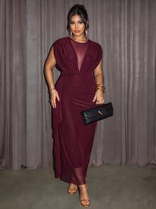 Firerie Wine Red Mesh Ruched Slimming Plus Size Party Date Long Dress/Elegant Sophisticated Unique Sexy Deep V-Neck Maxi Dress - Burgundy - View 4