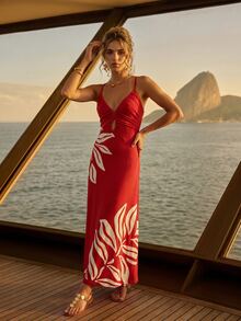 CAJUNI Tropical Plants Print Cutout Ruched Bust Cami Dress - Red - View 3