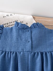SHEIN Elladie kids 1件女童清新田園風純色布料下擺燒花鏤空工藝，荷葉領，胸前荷葉裝飾，泡泡袖長袖，寬鬆A字中長洋裝，常規厚度，精緻鏤空洋裝，適合日常穿著、度假穿搭，春秋季 - 藍色 - 查看 6