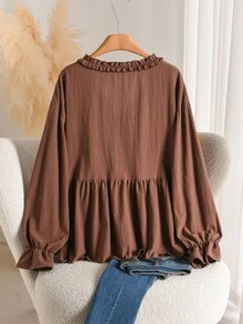 CosyJoli Plus Size Solid Frill Trim Flounce Sleeve Babydoll Blouse - Brown - View 2