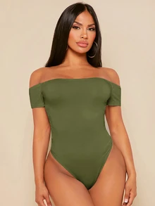 SHEIN SXY 女款露肩純色黑色連身衣套裝 - 軍綠色 - 查看 3