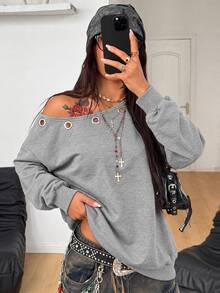 Coolane 女款秋冬休閒萬聖節哥德龐克復古Y2K街頭風灰色大廓型露肩抽繩眼扣衛衣黑色上衣秋季穿搭 - 灰色 - 查看 4
