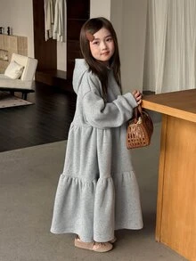 Dazy Kids Tween Girl Hooded A-Line Casual Long Sleeve Dress, Autumn/Winter - Grey - View 6