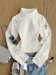 Attitoon Women's Solid Color Long Sleeve Button Front Casual Jacket - White - View 6