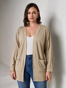 Chikora Plus Size Black Knit Pocket Loose Fit Cardigan With Pockets,Business Casual Woman Winter Fall Autumn - Camel - View 6