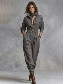 LUMIGAL Women's Grey Linen Cargo Pocket Casual Jumpsuit, Cinched Waist, Elegant Commute Style, Spring/Autumn - Grey - View 1