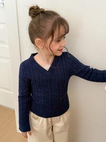 Hapijoa Young Girl Solid Color V-Neck Long Sleeve Cable Knit Sweater - Navy Blue - View 6