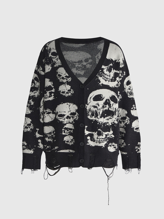 Goth Cardigan ampio in jacquard con motivo teschio, falena e piante, stile gotico scuro