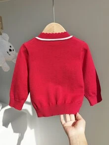 Baby Girl Embroidery Heart Pattern Bow Front Sweater - Red - View 2