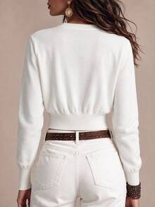 SHEIN Women V Neck Button Down Cropped Knit Cardigan, Long Sleeve Solid Lightweight Knitted Sweater - White - View 2