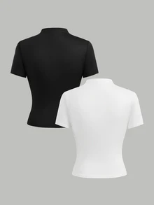 SHEIN 青少年女孩秋季 2 件裝基礎針織上衣，白色與黑色無袖高領羅紋修身 T-shirt，舒適柔軟層搭返校穿搭套裝 - 黑與白 - 查看 3