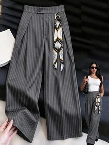 Ceyna Autumn New Women's Plus Size Vertical Striped Wide Leg Trousers With Waist Button Pleated Design And Scarf Ribbon Detail, Loose Fit Draped Style, Commuter Elegant Versatile Long Pants For Office, Party, Shopping And Daily Wear - Black - View 5