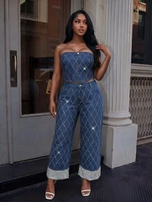 BriallanyX BriallanyX Plus Size Women's Pocket Rhinestone Plaid Straight Leg Denim Jeans - Blue - View 6