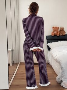 Napfluff 條紋印花前襟打結睡衣套裝 - 紫色 - 查看 2