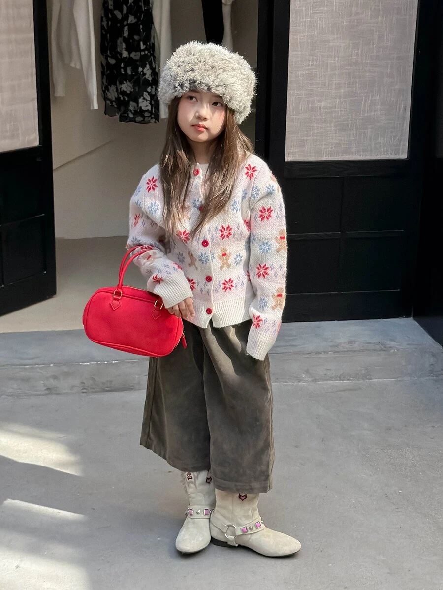 Dazy Kids Tween Girl) Casual Long Sleeve Autumn/Winter Thick Knit Jacquard Cardigan - Beige - View 1