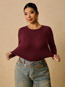 Freevana Plus Size Women's Black Long Sleeve Round Neck Thermal Base Layer Top, Ruched Waist T-Shirt Autumn Business Casual Winter - Burgundy - View 4