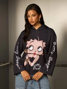 Betty Boop x SHEIN Women's Letter Cartoon Print Casual Daily Sweatshirt Sweatshirt - Black - View 7
