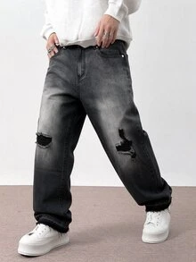 QuarKem 男士街頭風漸層水洗牛仔直筒寬腿褲，雙膝破洞設計 - 黑色 - 查看 5