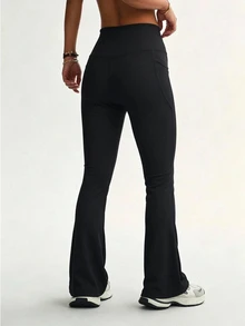 SHEIN Flare Leggings Women High Waist Ribbed Workout Pants Stretchy Yoga Fitness Trousers For Gym Pilates - Black - View 2