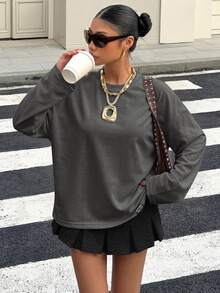 Muchica 95%棉女款休閒街頭寬鬆短袖T恤，女款夏季服飾，女款街頭風穿搭 - 深灰色 - 查看 4