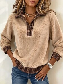 SHEIN Women's Plush Plaid Patchwork Button Half-Zip Sweatshirt - Apricot - View 7