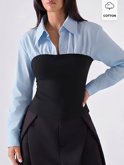 LYSMO Women's Contrast Color Lapel Long Sleeve Slim Fit Casual Shirt