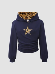 Tween Girl Leopard Star Print Drop Shoulder Ruched Waist Thermal Hooded Crop Sweatshirt - Navy Blue - View 2