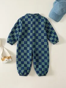 SHEIN Baby Boy Checkered Zipper Front Denim Jumpsuit - Multicolor - View 2