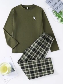 SHEIN 青少年男孩 2件組休閒長袖上衣與長褲睡衣套裝，適合日常休息、睡眠與短暫外出，四季皆宜，開學季、睡衣派對、拍照、假期，舒適穿著 - 彩色 - 查看 2