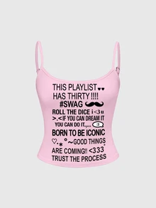 ROMWE Grunge Punk Women's Slogan Graphic Casual Daily Wear Camisole Tank Top - Pink - View 1
