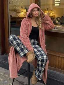 Livesso Solid Teddy Coat & Plaid Print Pants PJ Set - Pink - View 5