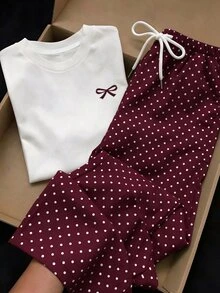 SHEIN EZwear 蝴蝶結圖案印花短袖上衣與抽繩腰長褲套裝 - 酒紅色 - 查看 3