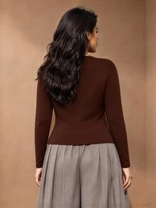 Juhart Plus Size Autumn/Winter Casual Elegant Round Neck Asymmetrical Ruffle Hem Long Sleeve T-Shirt - Coffee Brown - View 2