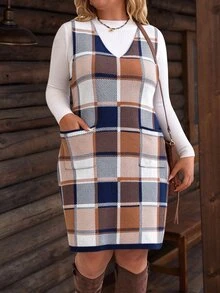 EMERY ROSE Plus Size Casual Plaid Sleeveless Knit Dress, Autumn/Winter - Royal Blue - View 3