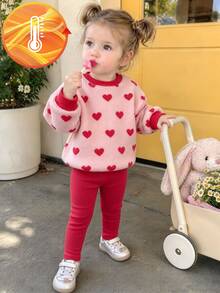 SHEIN Playful Pals 女嬰 2 件組心形紅粉圖案泰迪絨套裝，衛衣與純色內搭褲套裝 - 杏色 - 查看 1
