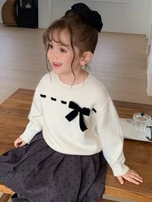 Hapijoa Young Girl Fall Clothes Young Girl) Round Neck Bow Decor Sweater - Apricot - View 7