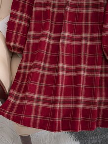 SHEIN Tween Girl Plaid Print Contrast Ruffle Trim Lantern Sleeve Dress - Red - View 5