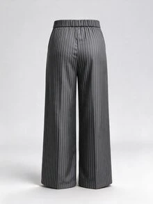 Ceyna Autumn New Women's Plus Size Vertical Striped Wide Leg Trousers With Waist Button Pleated Design And Scarf Ribbon Detail, Loose Fit Draped Style, Commuter Elegant Versatile Long Pants For Office, Party, Shopping And Daily Wear - Black - View 2