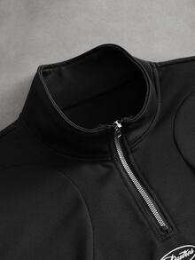 Manfinity Roghcode Men's Fashion Loose Fit Relaxed Premium Minimalist Clean Fit Unisex Couple Old Money Style Personalized Christmas Daily Wear Zip-Up Polo Shirt - Black - View 4