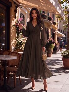 Editum Women's Solid Color Overlap V-Neck Lantern Sleeve Elegant Long Dress Dinner Date Night Coffee Brown Fall - Coffee Brown - View 8