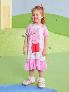Peppa Pig X SHEIN Young Girl Letter Cartoon Print Pleated Casual Daily Summer Dress - Pink - View 6
