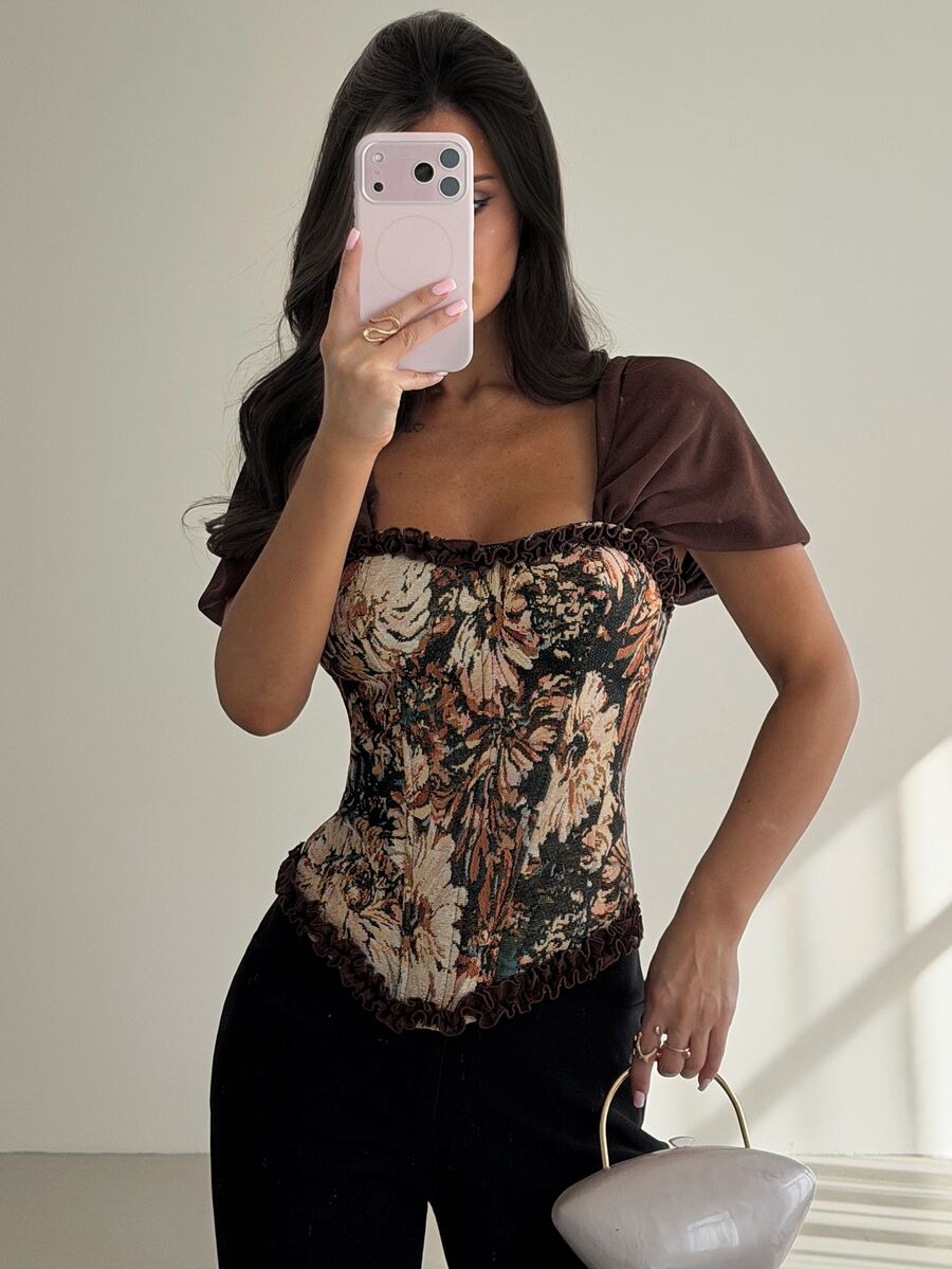 Firerie A Vintage Corset Top With Jacquard Frill Trim, Front Hook-And-Eye Closure, Back Lace-Up Open Back, Bust-Shaping Corset For Women, Halloween Party Out
