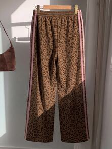 SHEIN EZwear 女款豹紋拼色休閒日常運動長褲 - 粉色 - 查看 2