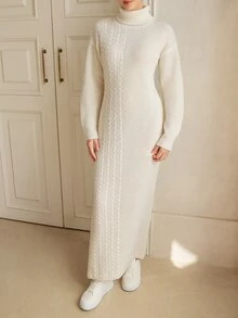 Graceveil Women's High Neck Drop Shoulder Long Sleeve Cable Knit Casual Dress - White - View 4
