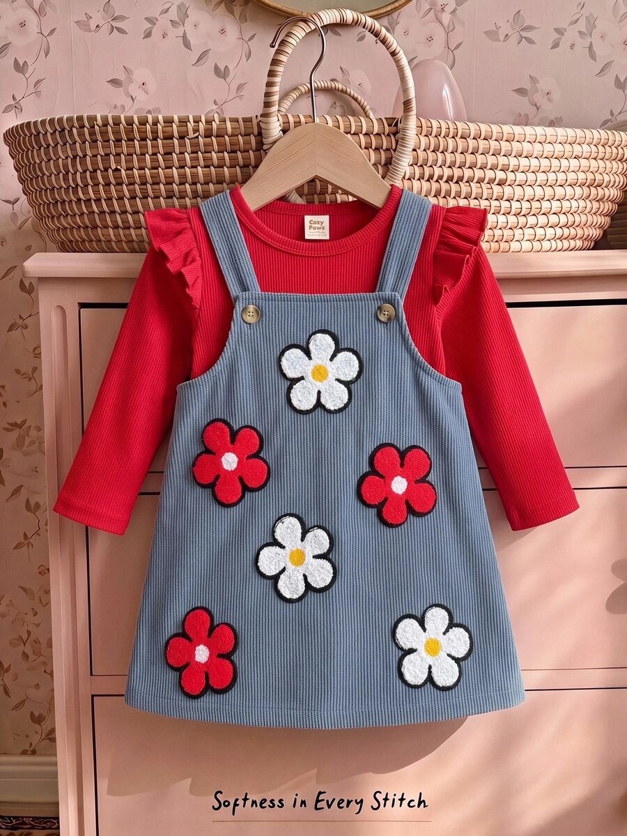 Cozy Pixies Baby Girl Casual Comfortable Daily Versatile Red Long Sleeve Top With Fuzzy Floral Patchwork Overall Dress Set - Multicolor - View 1
