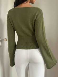 Aloruh Women's Solid Color Casual Daily Wear Long Sleeve Sweater - Green - View 2