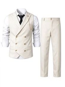 Manfinity Mode Setelan Jas Pria Musim Semi/Panas untuk Pernikahan, 2 Potong, Blazer Bergaris, Rompi & Celana, Setelan Formal Bisnis, Upacara. - Aprikot - View 4