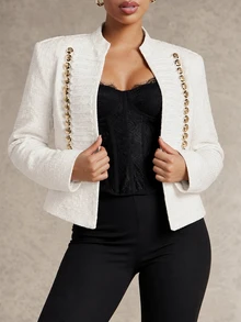 Silquee Women's Double-Breasted Long Sleeve Elegant Fashion Jacket - White - View 10